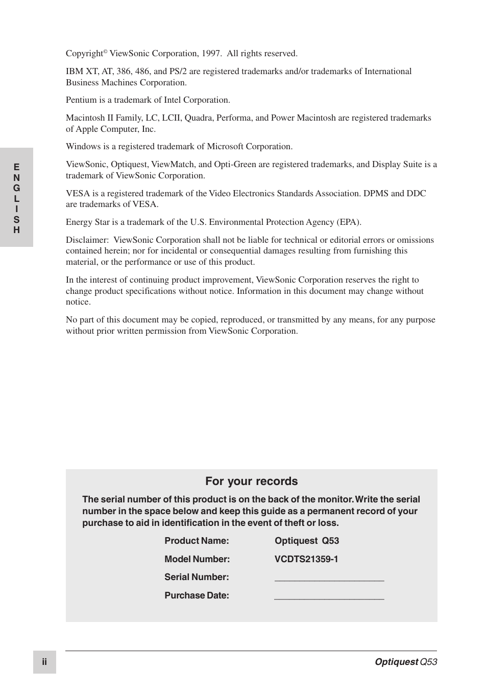 For your records | Optiquest Q53 User Manual | Page 3 / 34