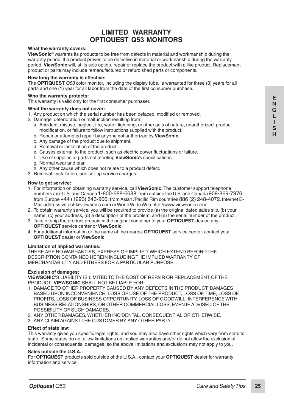 Limited warranty optiquest q53 monitors | Optiquest Q53 User Manual | Page 30 / 34