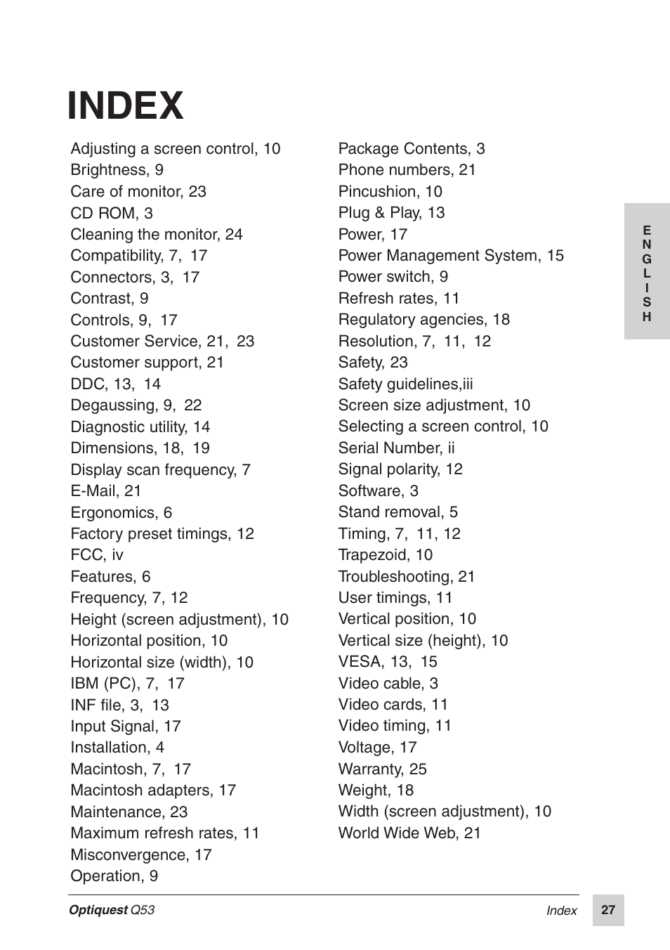 Index | Optiquest Q53 User Manual | Page 32 / 34