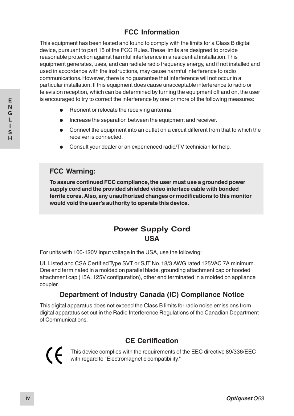 Fcc information, Fcc warning, Power supply cord usa | Ce certification | Optiquest Q53 User Manual | Page 5 / 34