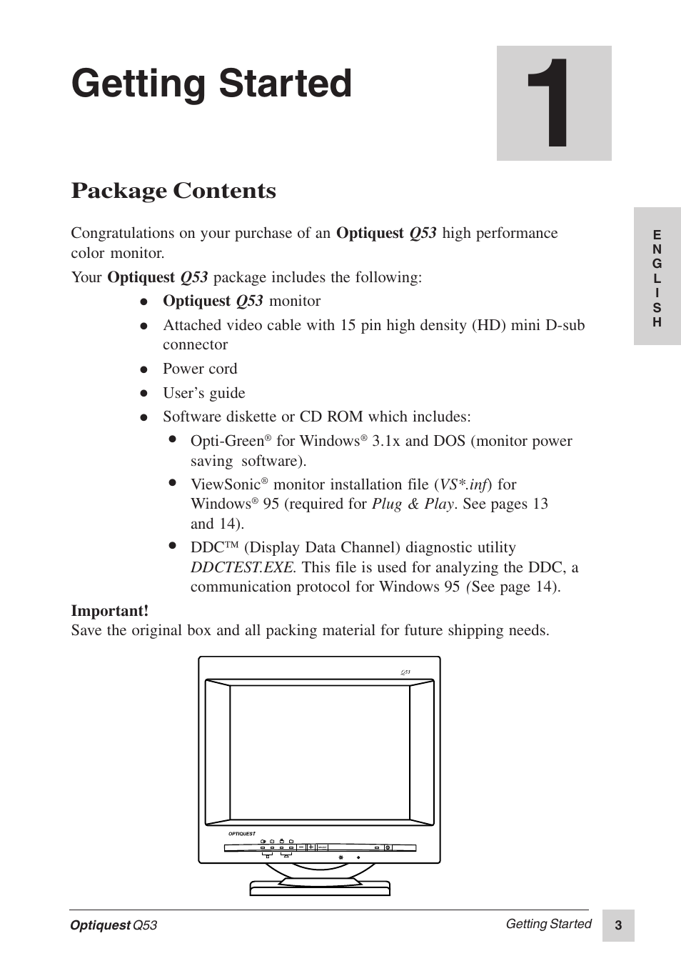 Getting started, Package contents | Optiquest Q53 User Manual | Page 8 / 34