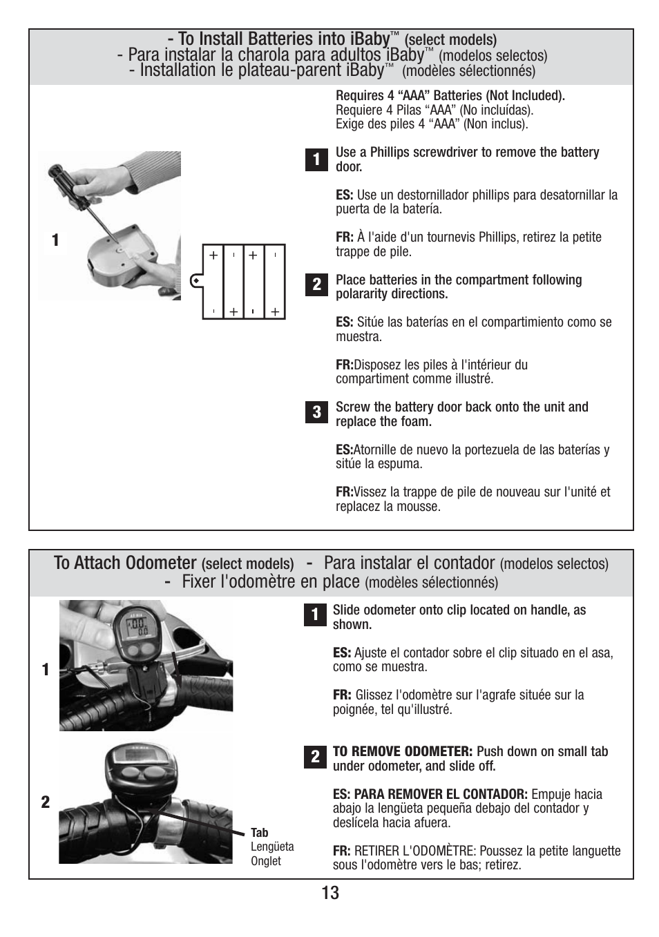 13 - to install batteries into ibaby, Para instalar la charola para adultos ibaby, Installation le plateau-parent ibaby | Para instalar el contador, Fixer l'odomètre en place | Overland Storage S81-T-R2 4/10 User Manual | Page 13 / 36