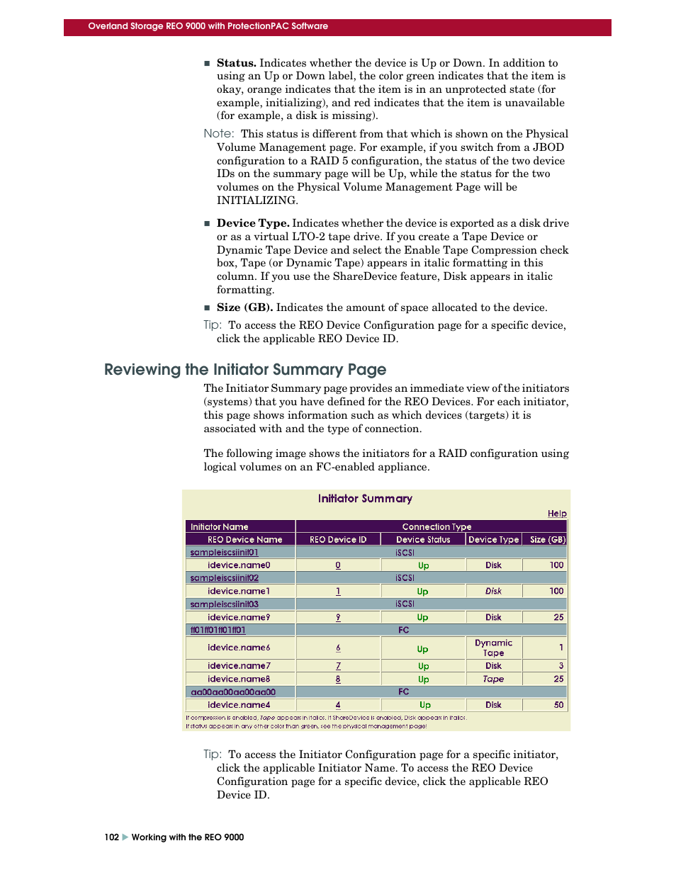 Reviewing the initiator summary page | Overland Storage REO 9000 User Manual | Page 102 / 170