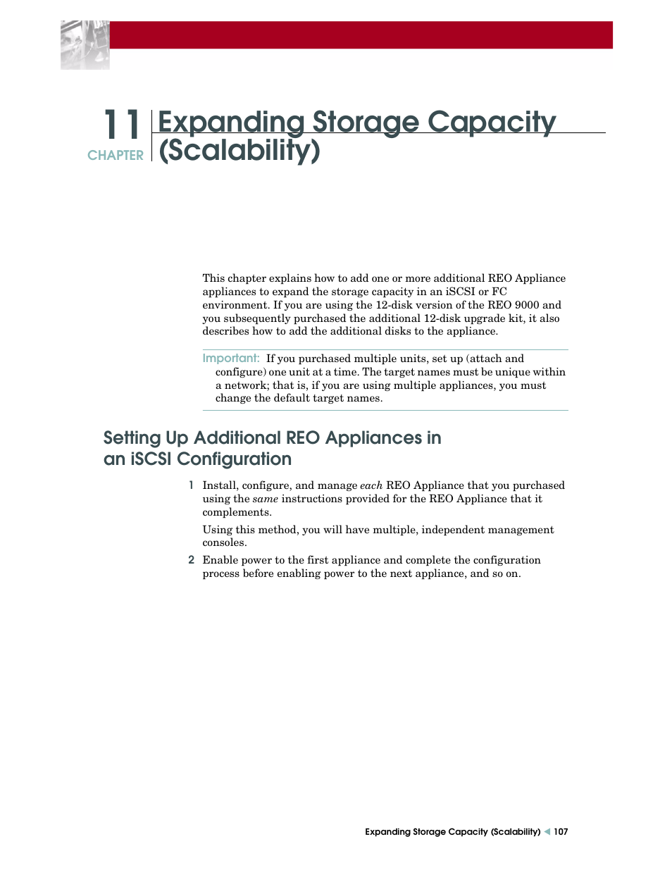 Expanding storage capacity (scalability), Setting up additional reo appliances in, An iscsi configuration | Overland Storage REO 9000 User Manual | Page 107 / 170