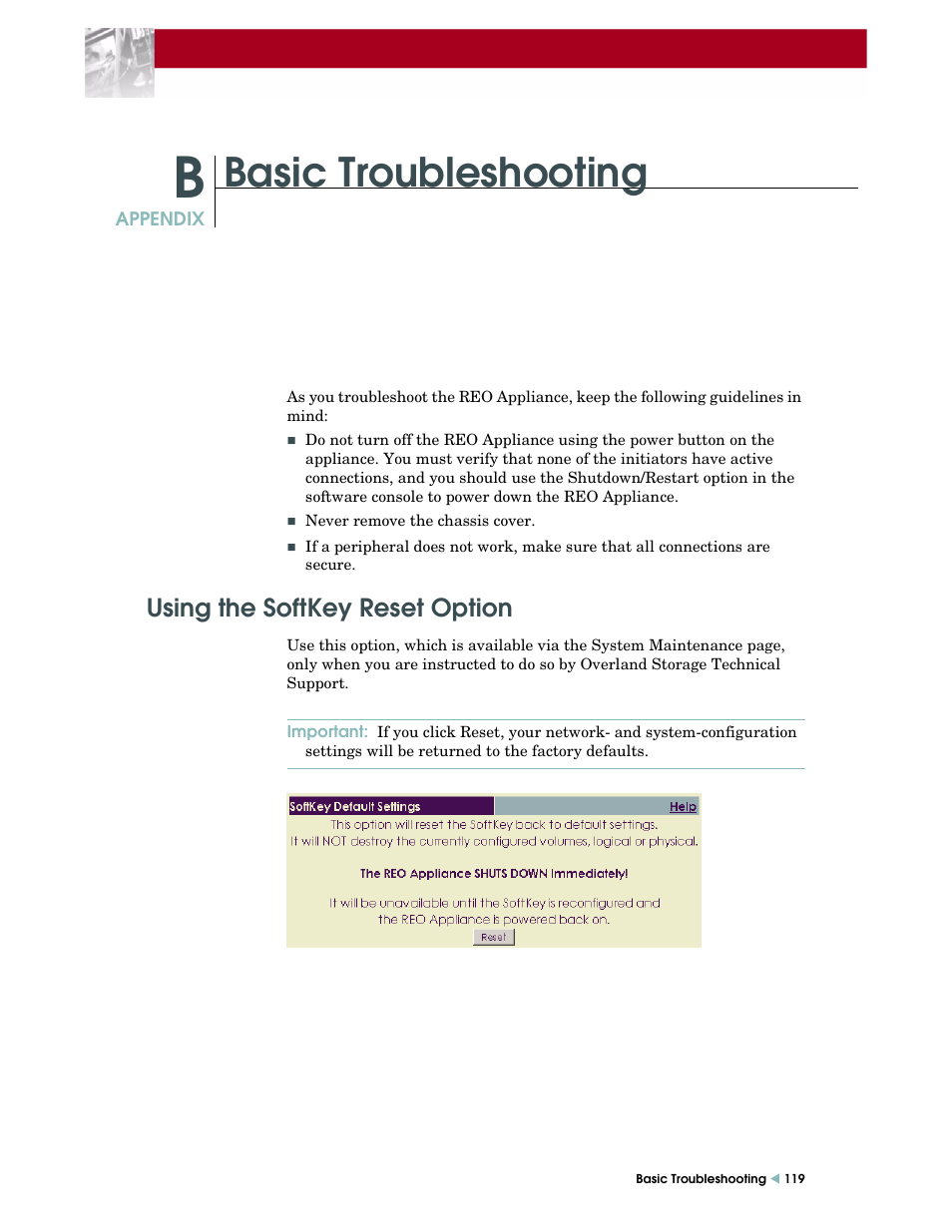 Basic troubleshooting, Using the softkey reset option | Overland Storage REO 9000 User Manual | Page 119 / 170