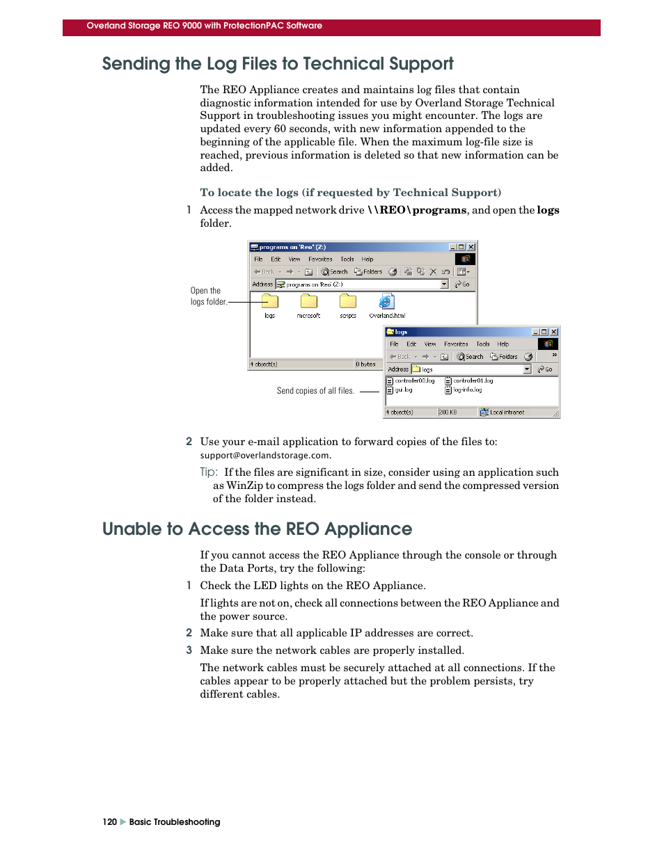 Sending the log files to technical support, Unable to access the reo appliance | Overland Storage REO 9000 User Manual | Page 120 / 170