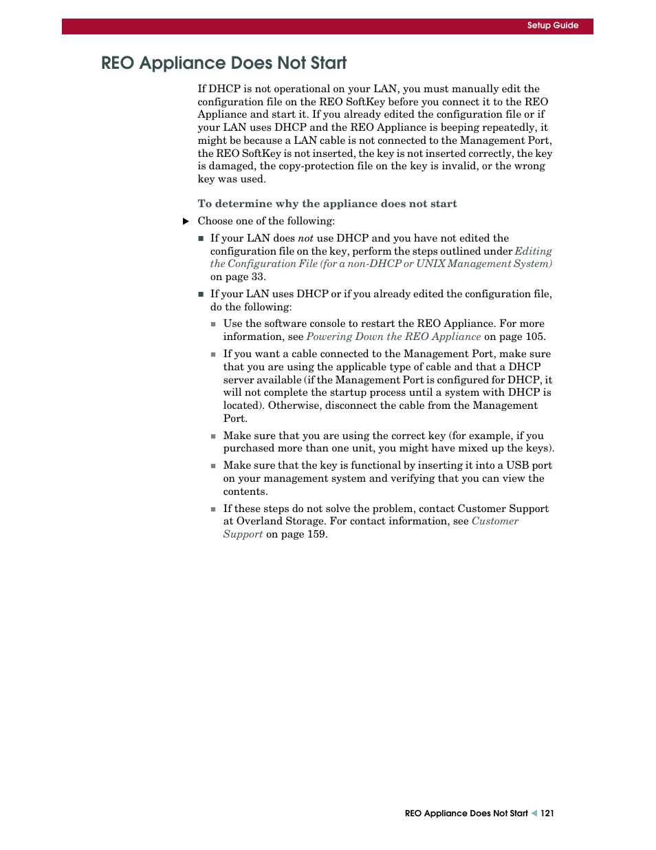 Reo appliance does not start | Overland Storage REO 9000 User Manual | Page 121 / 170