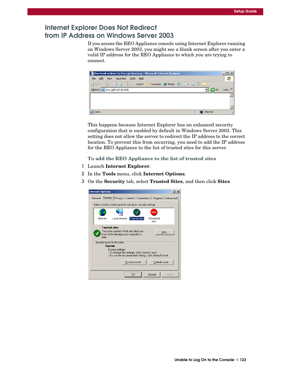 Internet explorer does not redirect, From ip address on windows server 2003, Internet explorer does not redirect from ip | Address on windows server 2003 | Overland Storage REO 9000 User Manual | Page 123 / 170