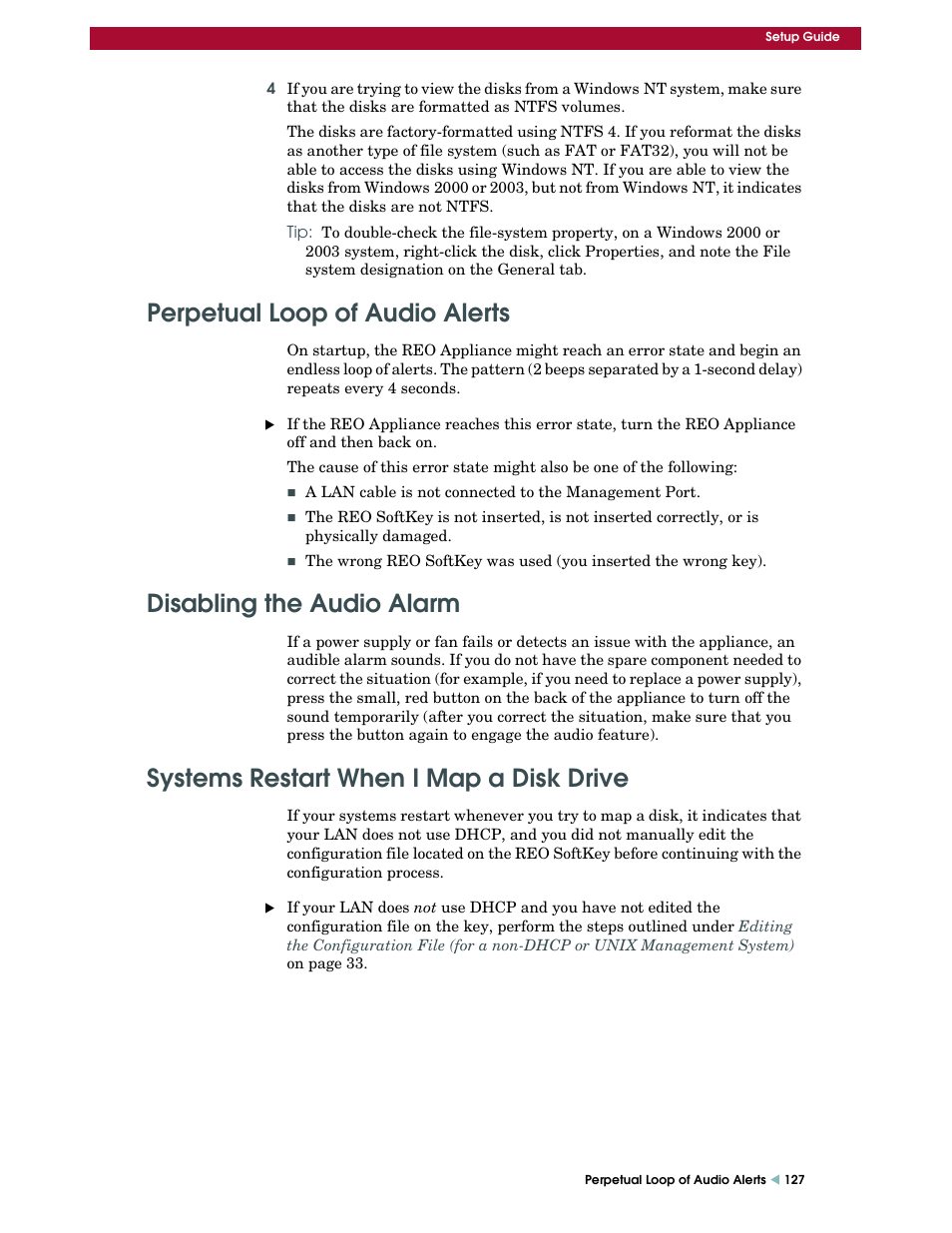 Perpetual loop of audio alerts, Disabling the audio alarm, Systems restart when i map a disk drive | Perpetual, Loop of audio alerts | Overland Storage REO 9000 User Manual | Page 127 / 170