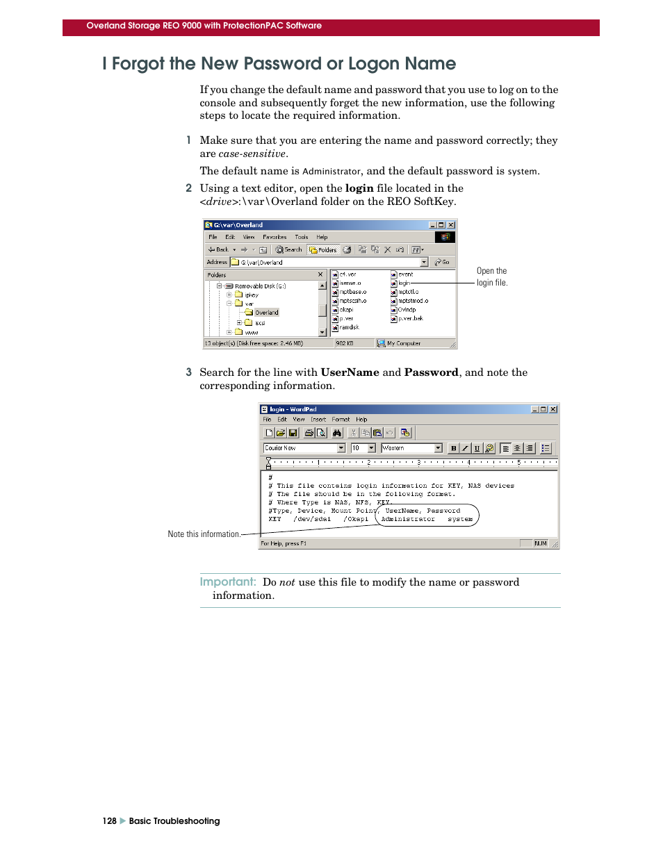 I forgot the new password or logon name, Under, I forgot the new | Password or logon name | Overland Storage REO 9000 User Manual | Page 128 / 170