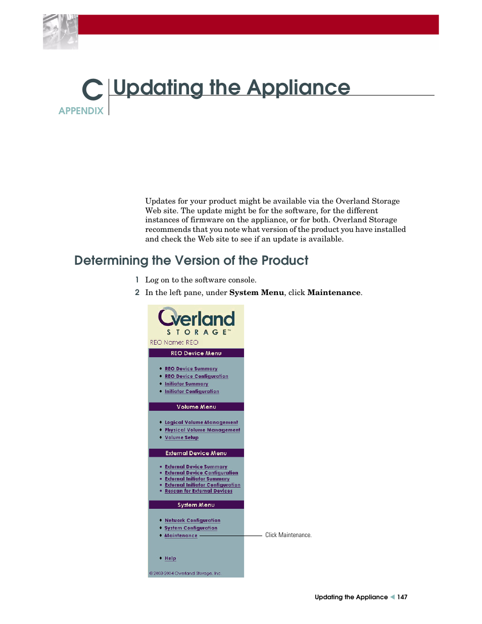 Updating the appliance, Determining the version of the product | Overland Storage REO 9000 User Manual | Page 147 / 170