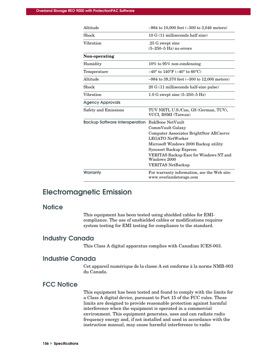 Electromagnetic emission, Notice, Industry canada | Industrie canada, Fcc notice | Overland Storage REO 9000 User Manual | Page 156 / 170