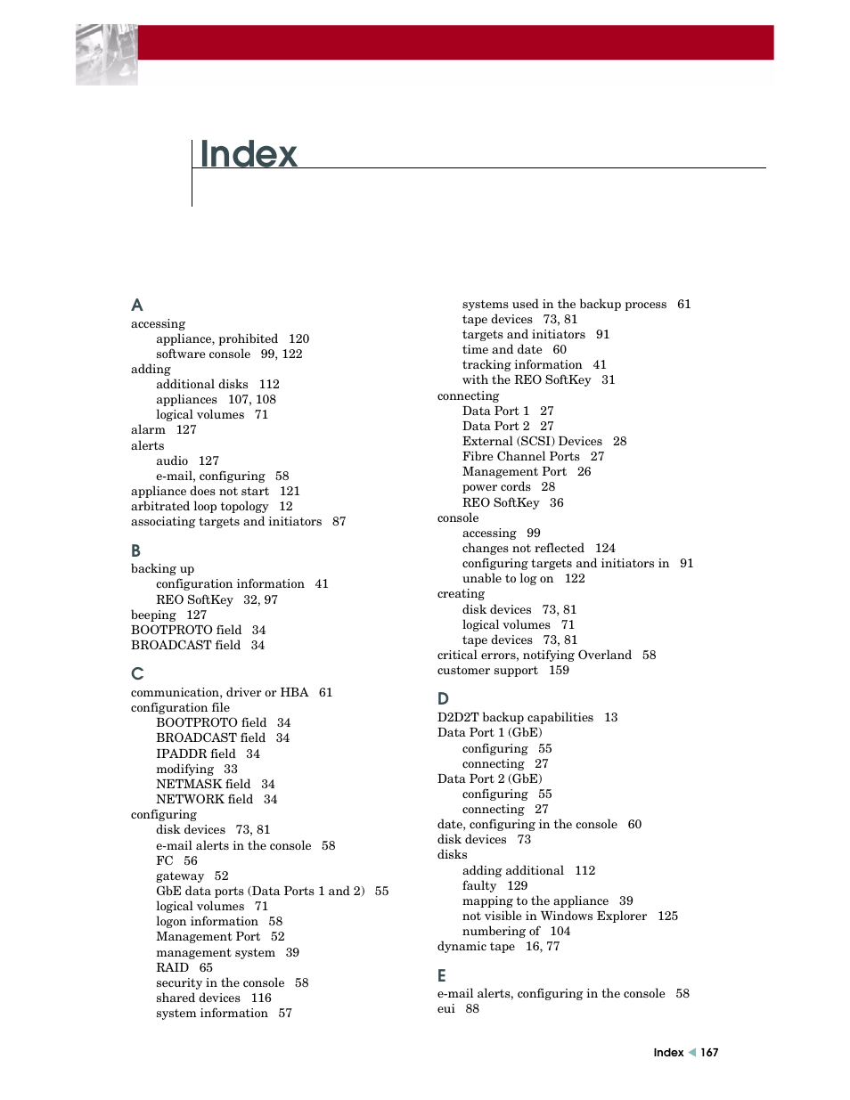 Index | Overland Storage REO 9000 User Manual | Page 167 / 170