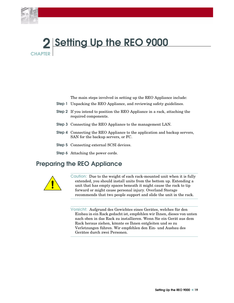 Setting up the reo 9000, Preparing the reo appliance | Overland Storage REO 9000 User Manual | Page 19 / 170