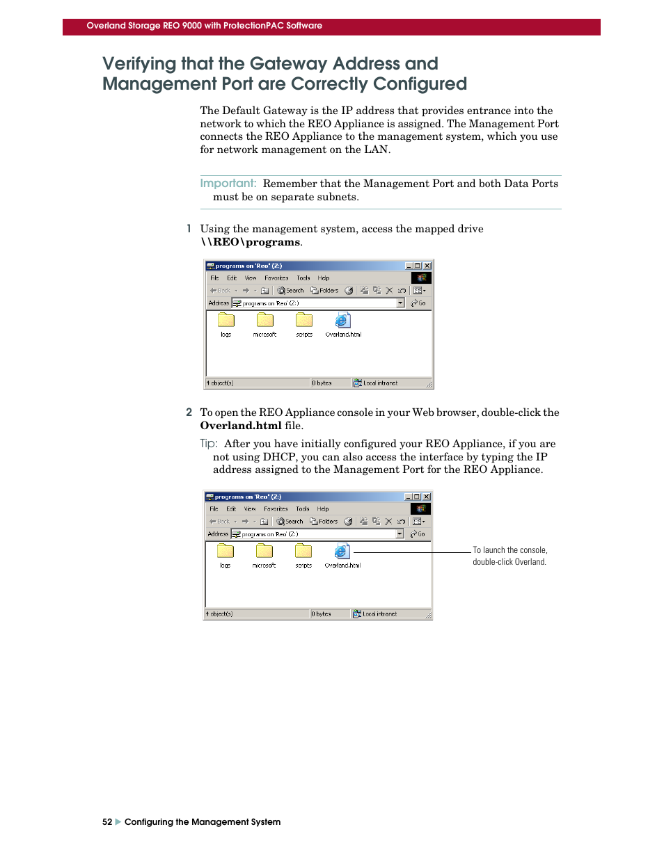 Verifying that the gateway address and, Management port are correctly configured | Overland Storage REO 9000 User Manual | Page 52 / 170