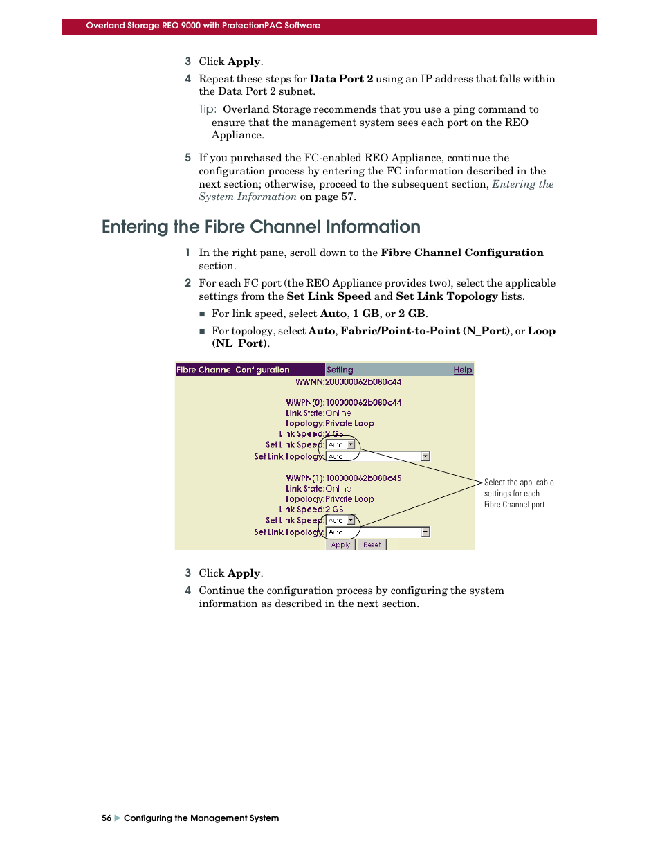 Entering the fibre channel information | Overland Storage REO 9000 User Manual | Page 56 / 170