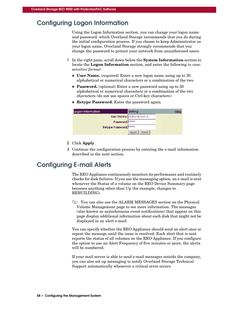 Configuring logon information, Configuring email alerts, Configuring e-mail alerts | Overland Storage REO 9000 User Manual | Page 58 / 170