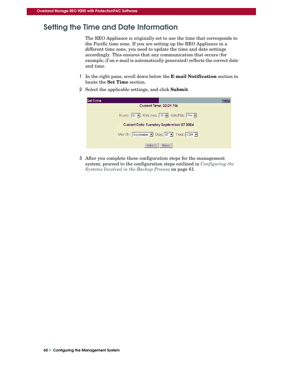 Setting the time and date information | Overland Storage REO 9000 User Manual | Page 60 / 170