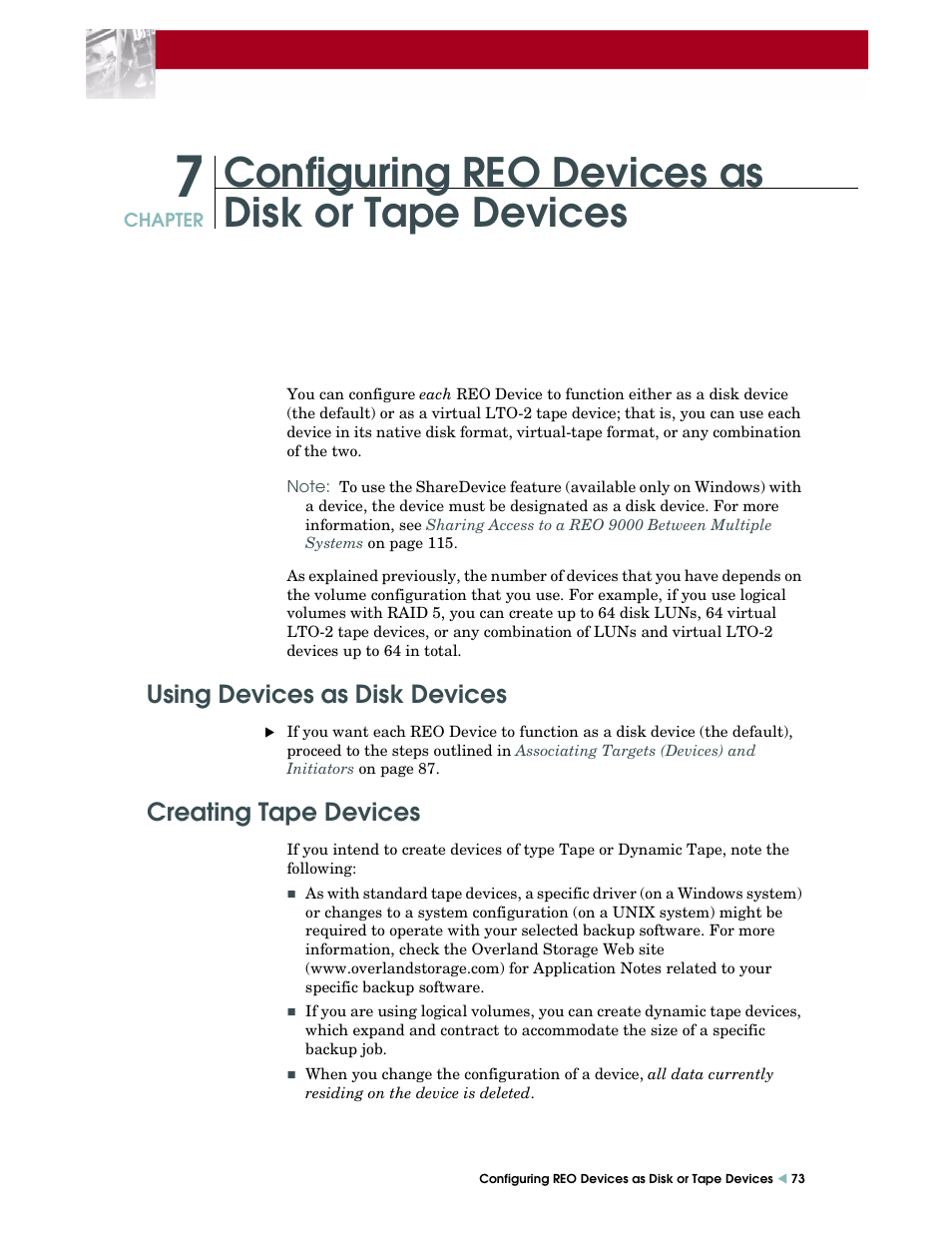 Configuring reo devices as disk or tape devices, Using devices as disk devices, Creating tape devices | Configuring reo devices as disk or tape, Devices, Configuring reo, Devices as disk or tape devices | Overland Storage REO 9000 User Manual | Page 73 / 170