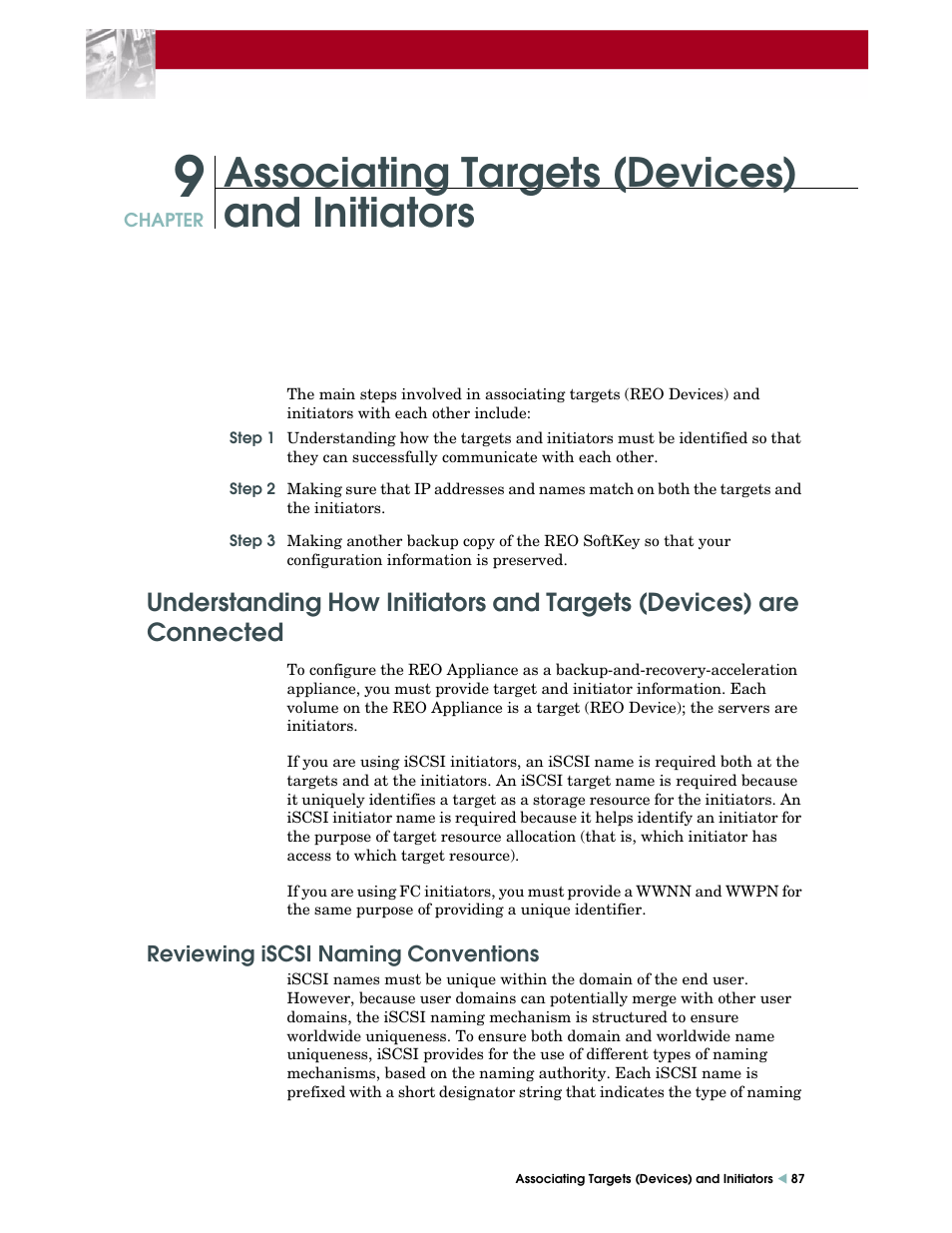 Associating targets (devices) and initiators, Reviewing iscsi naming conventions, Associating targets (devices) and | Initiators, Associating targets (devices), And initiators | Overland Storage REO 9000 User Manual | Page 87 / 170