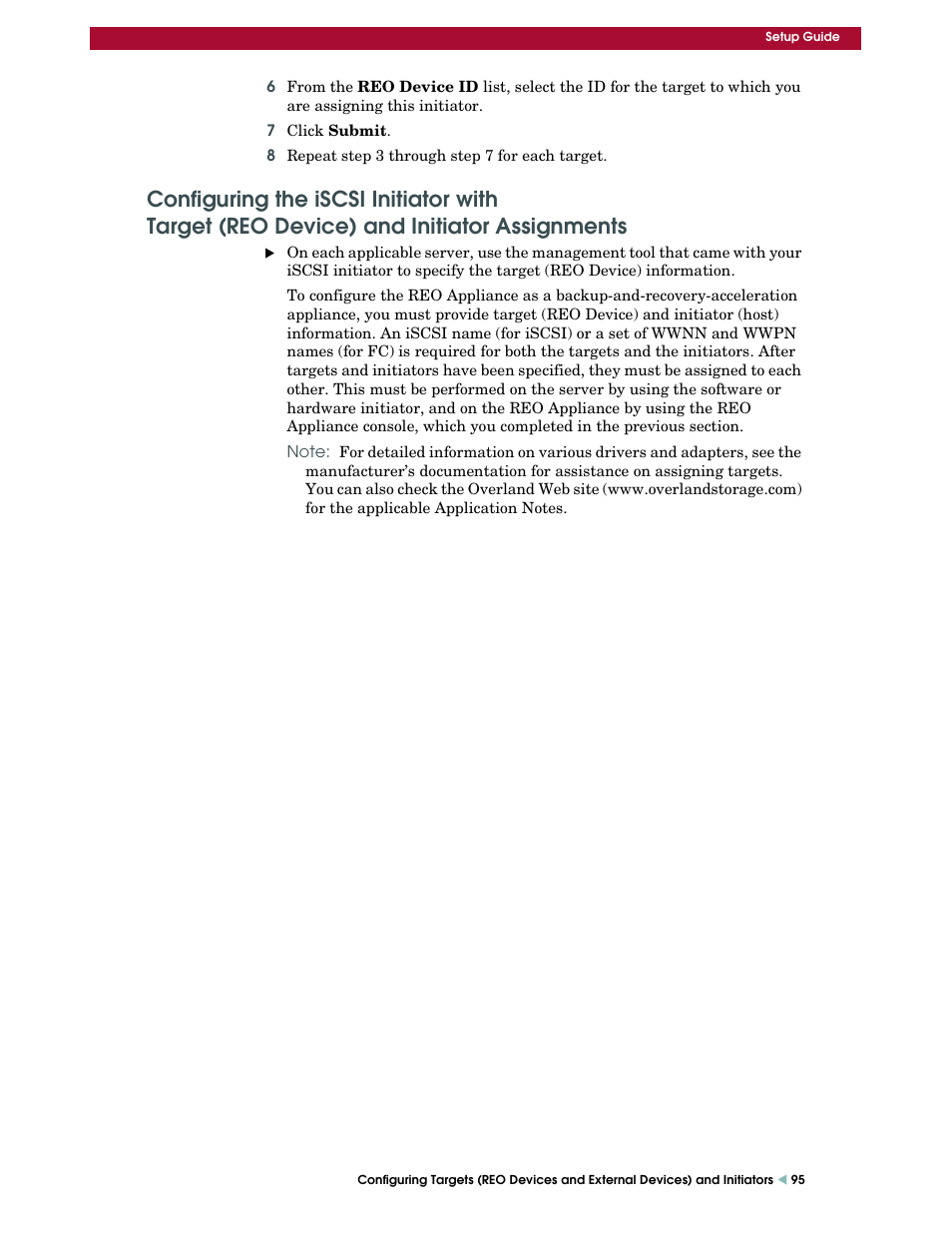 Configuring the iscsi initiator with, Target (reo device) and initiator assignments | Overland Storage REO 9000 User Manual | Page 95 / 170