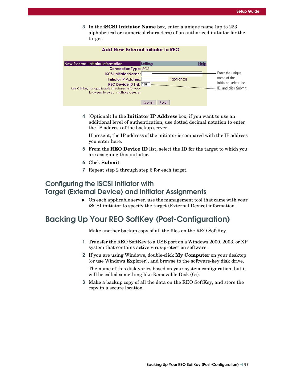 Backing up your reo softkey (post-configuration), Configuring the iscsi initiator with, Target (external device) and initiator assignments | Overland Storage REO 9000 User Manual | Page 97 / 170