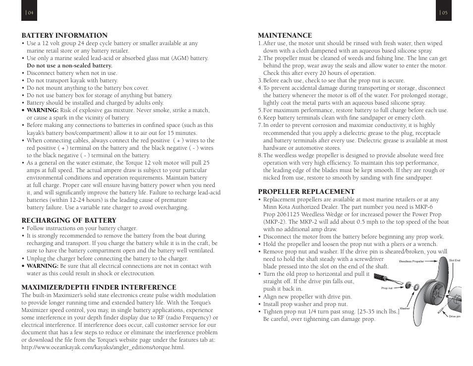 Maintenance, Propeller replacement, Battery information | Recharging of battery, Maximizer/depth finder interference | Ocean Kayak TORQUE User Manual | Page 3 / 5