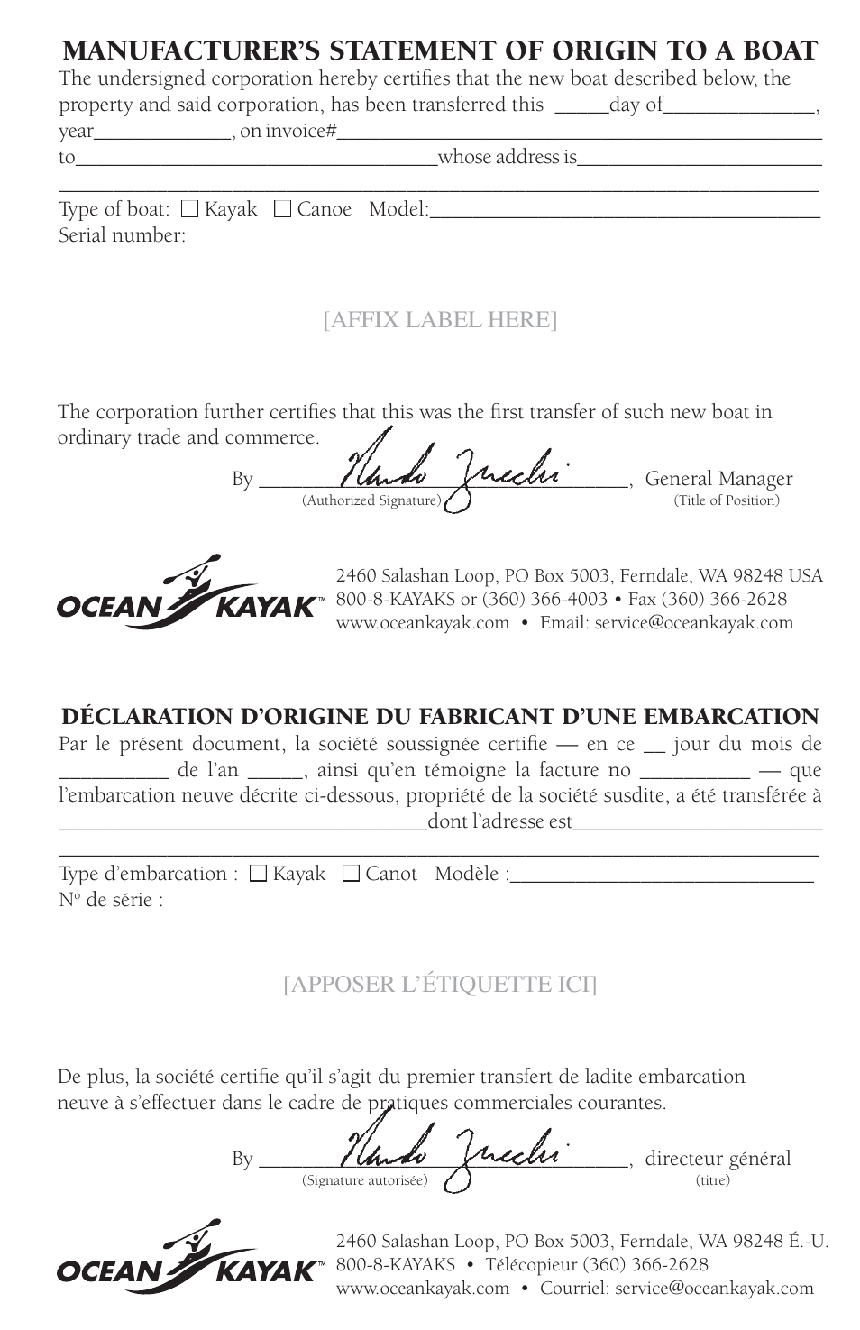 Manufacturer’s statement of origin to a boat | Ocean Kayak Kayak User Manual | Page 14 / 14