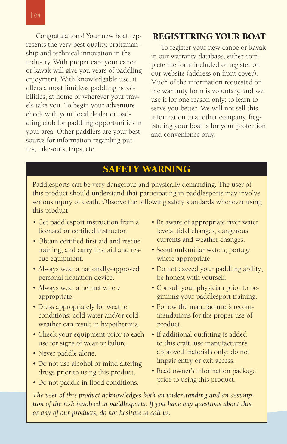 Safety warning, Registering your boat | Ocean Kayak Kayak User Manual | Page 4 / 14