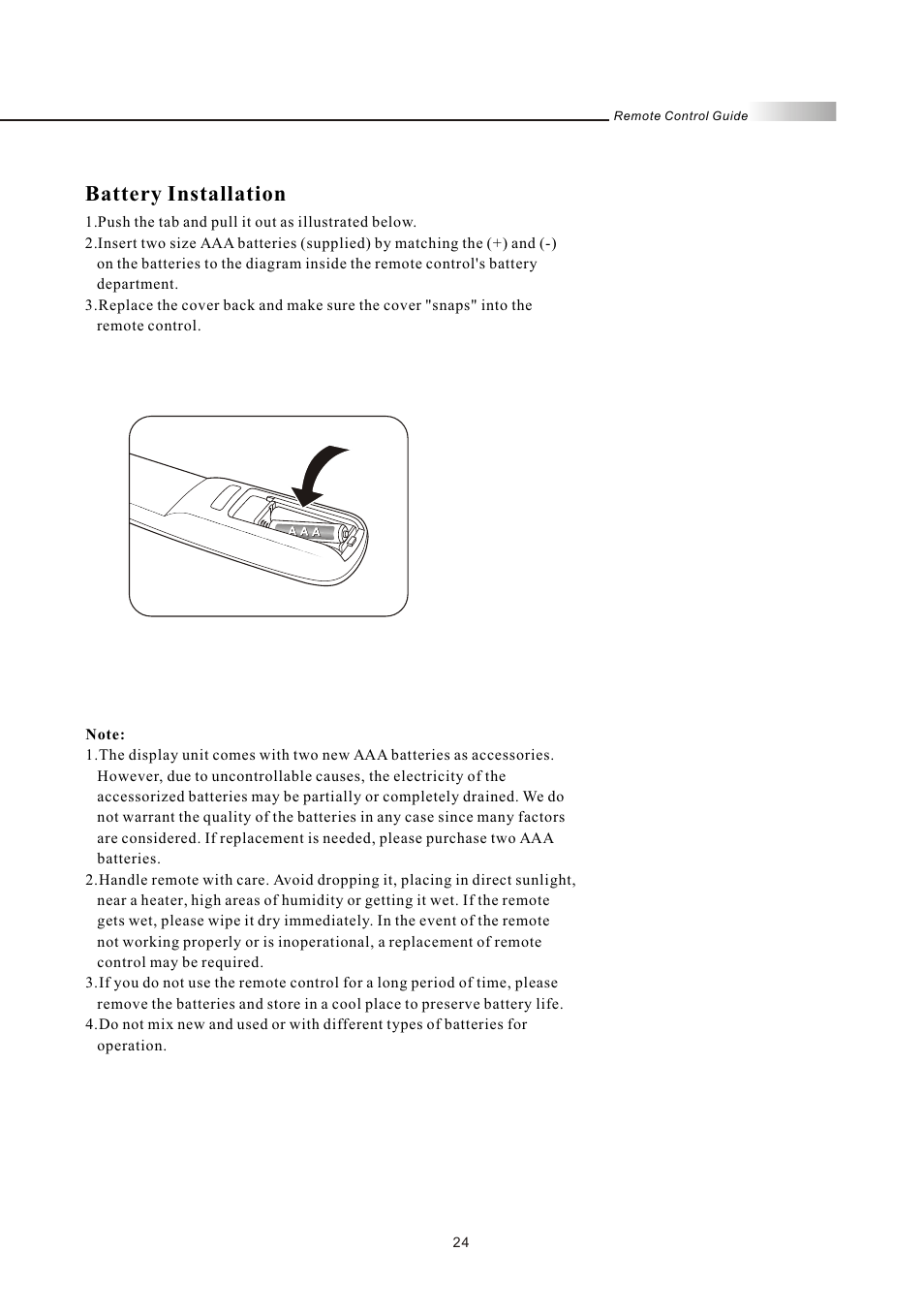 Battery installation | Olevia LT32HVM Series User Manual | Page 26 / 61