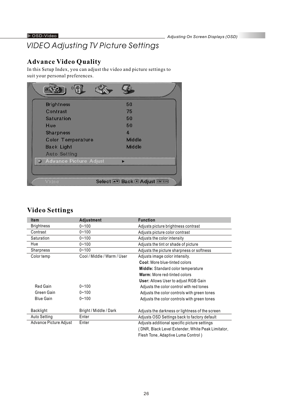 Video adjusting tv picture settings, Video settings, Advance video quality | Olevia LT32HVM Series User Manual | Page 28 / 61