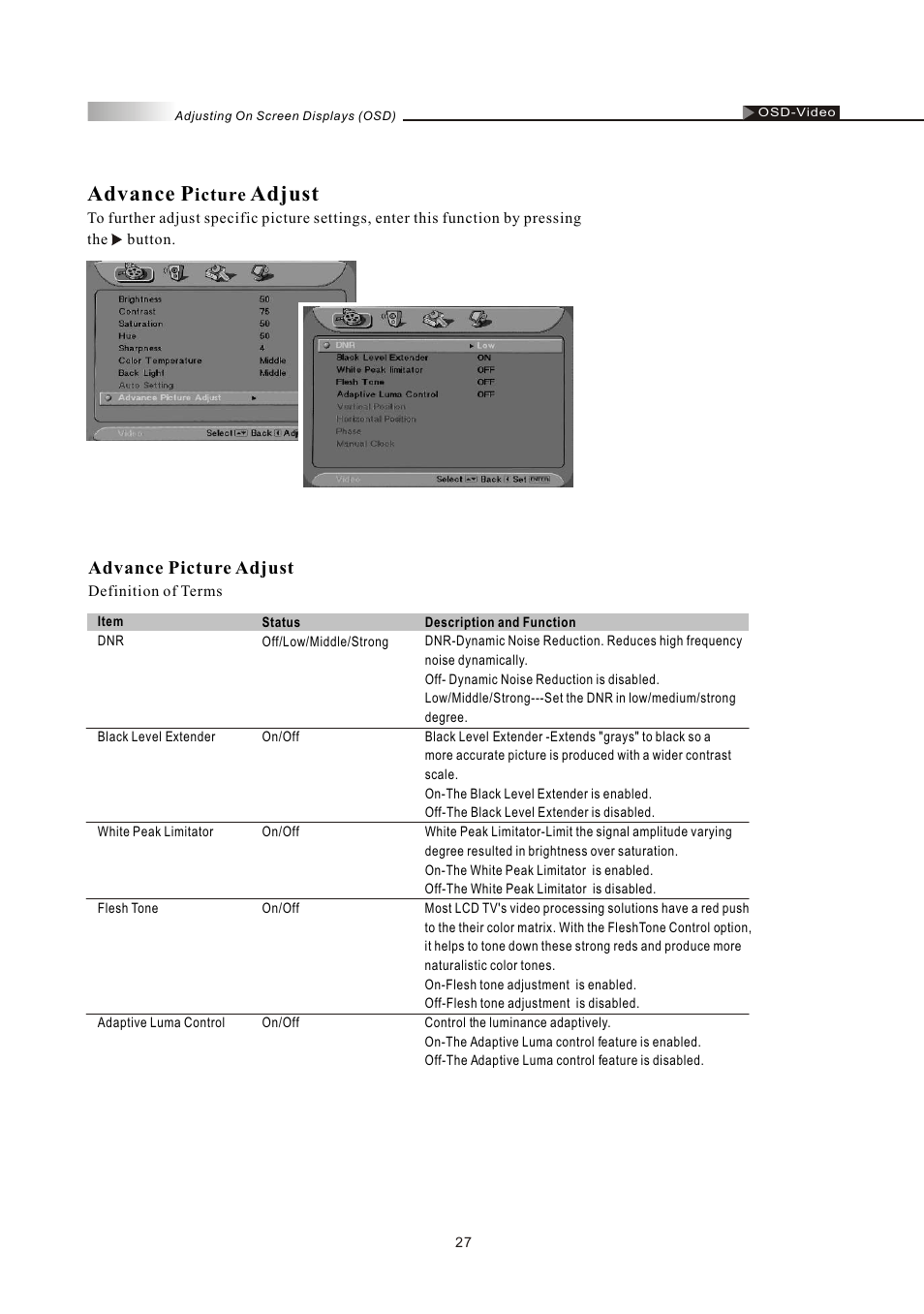 Advance p, Adjust, Advance picture adjust | Icture | Olevia LT32HVM Series User Manual | Page 29 / 61