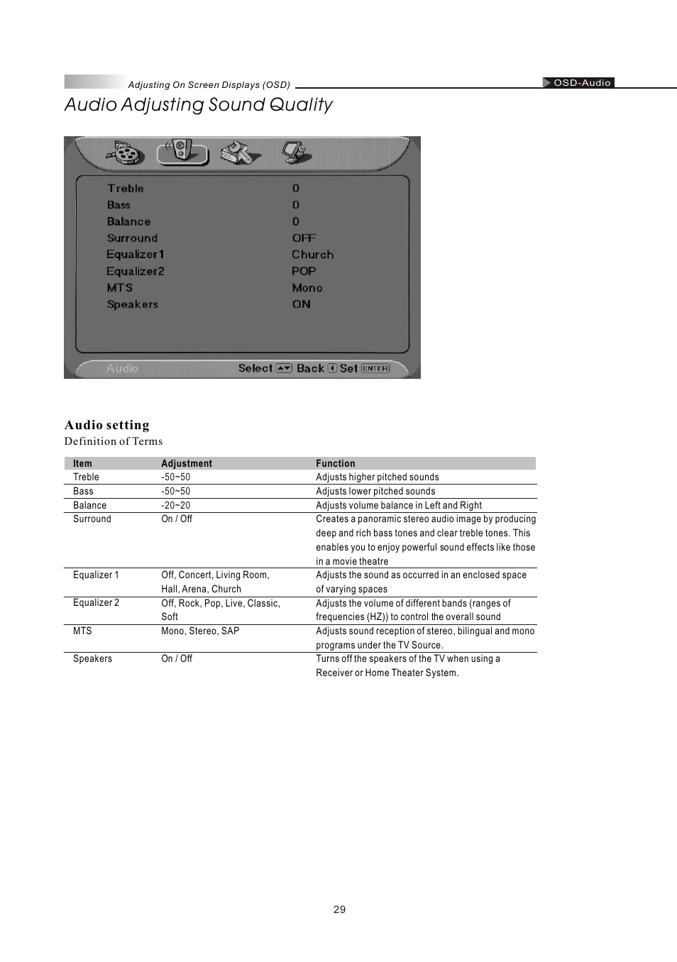 Audio adjusting sound quality, Audio setting | Olevia LT32HVM Series User Manual | Page 31 / 61