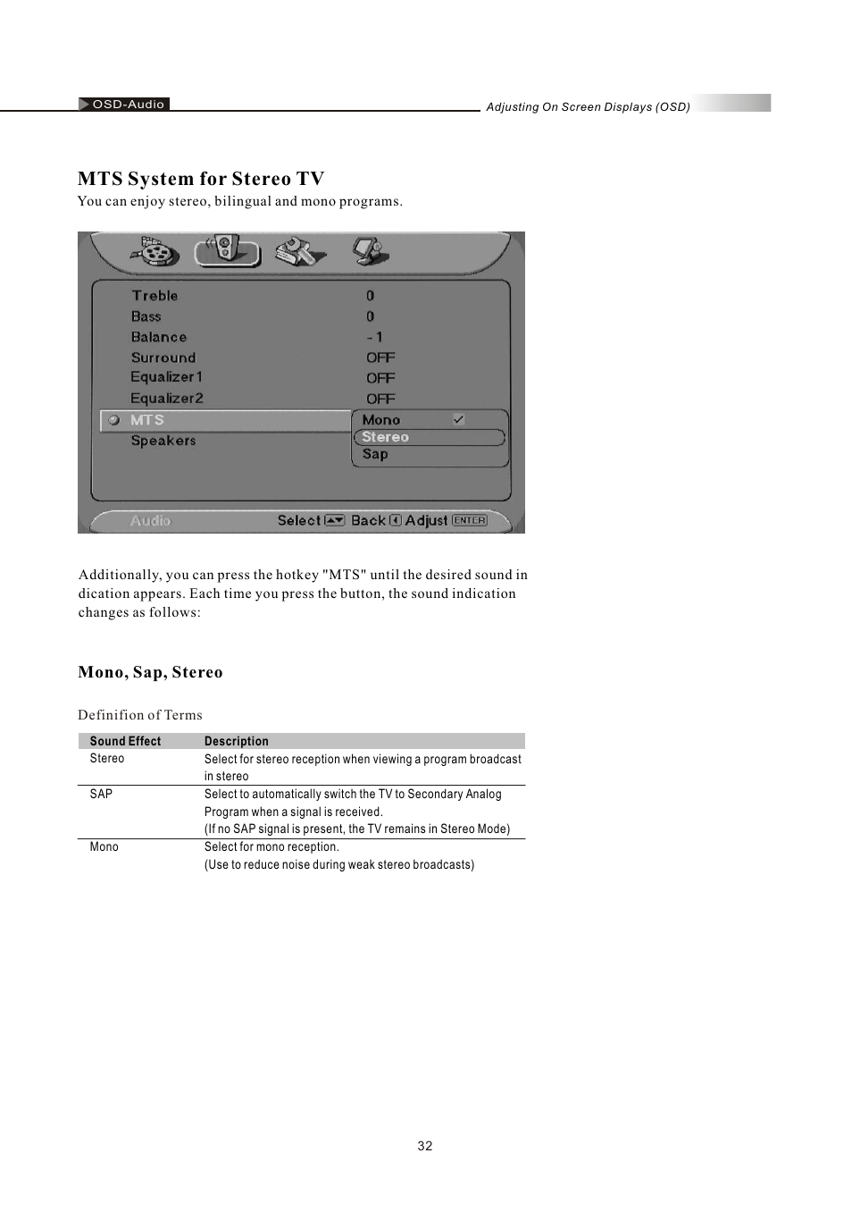 Mts system for stereo tv, Mono, sap, stereo | Olevia LT32HVM Series User Manual | Page 34 / 61