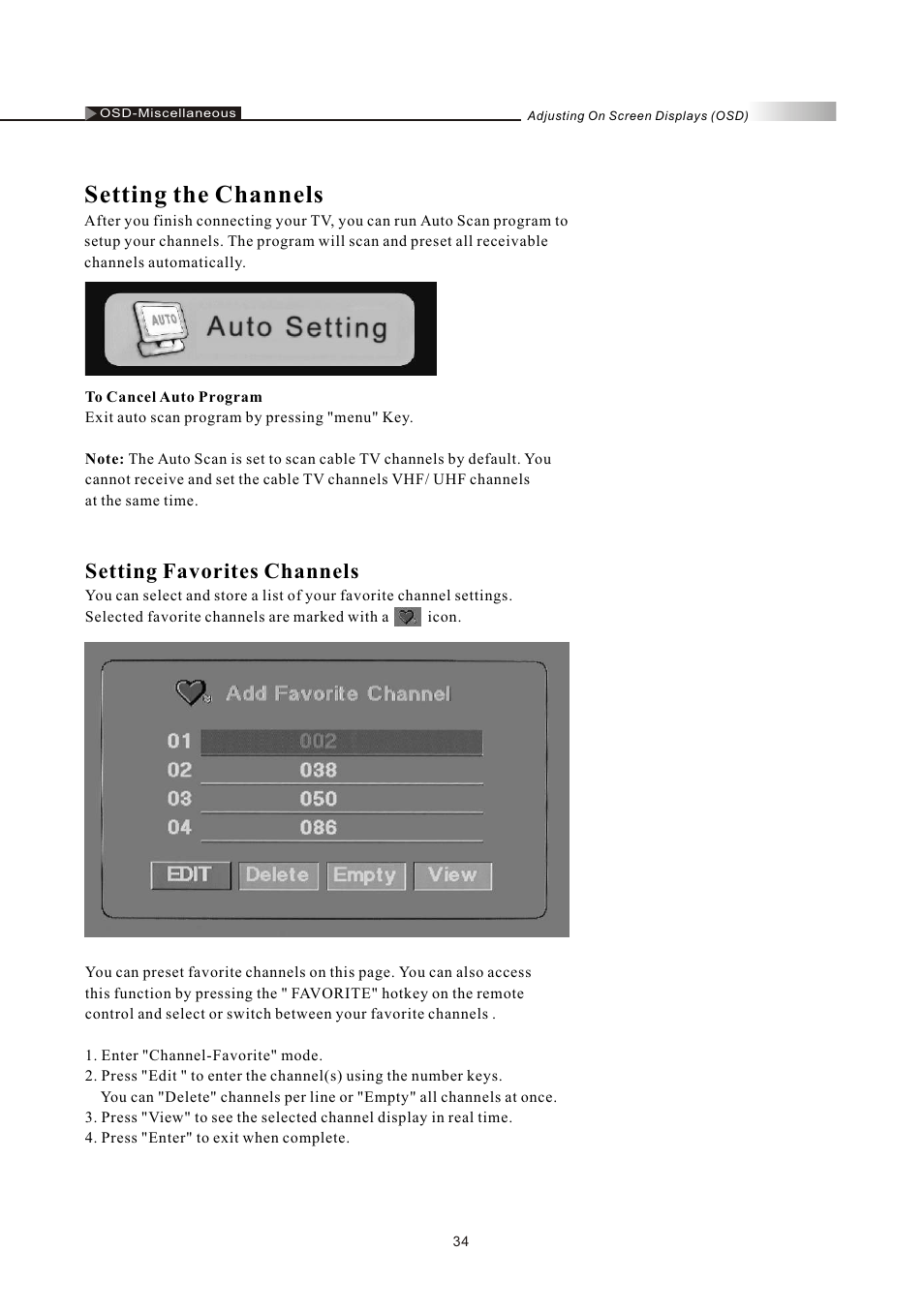 Setting the channels, Setting favorites channels | Olevia LT32HVM Series User Manual | Page 36 / 61