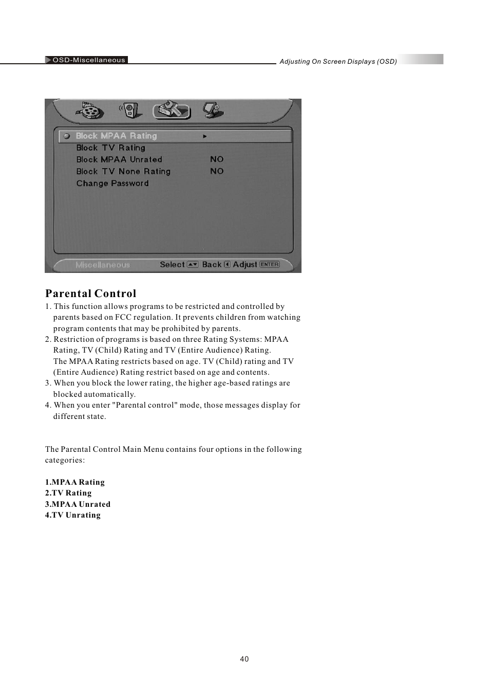 Parental control | Olevia LT32HVM Series User Manual | Page 42 / 61