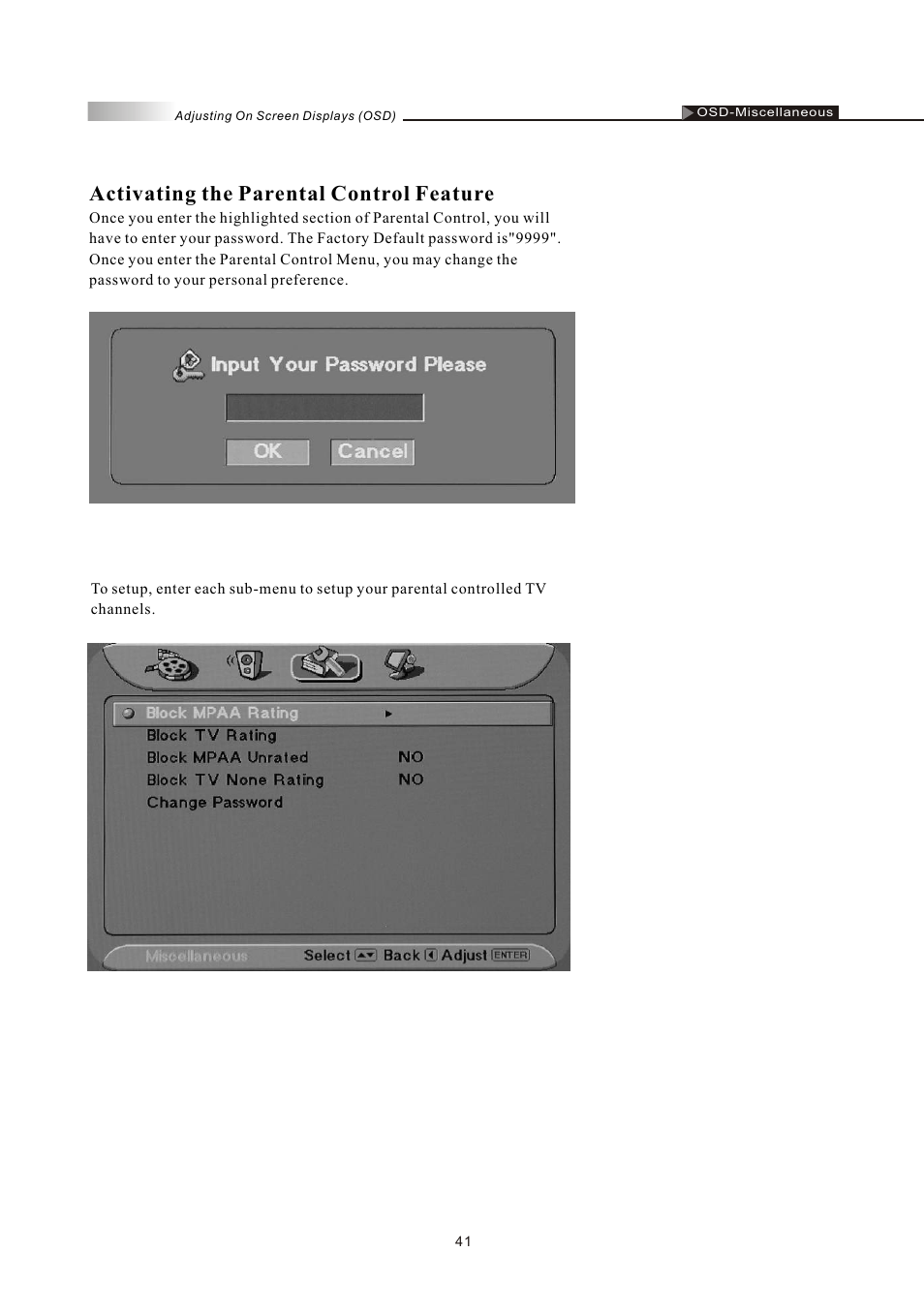 Activating the parental control feature | Olevia LT32HVM Series User Manual | Page 43 / 61