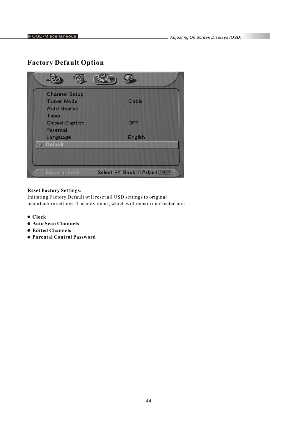 Factory default option | Olevia LT32HVM Series User Manual | Page 46 / 61