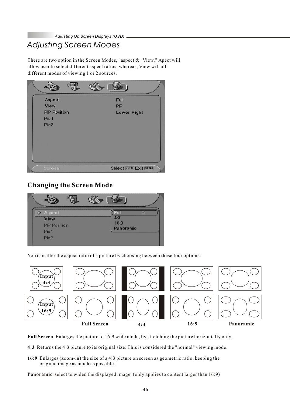 Adjusting screen modes, Changing the screen mode | Olevia LT32HVM Series User Manual | Page 47 / 61