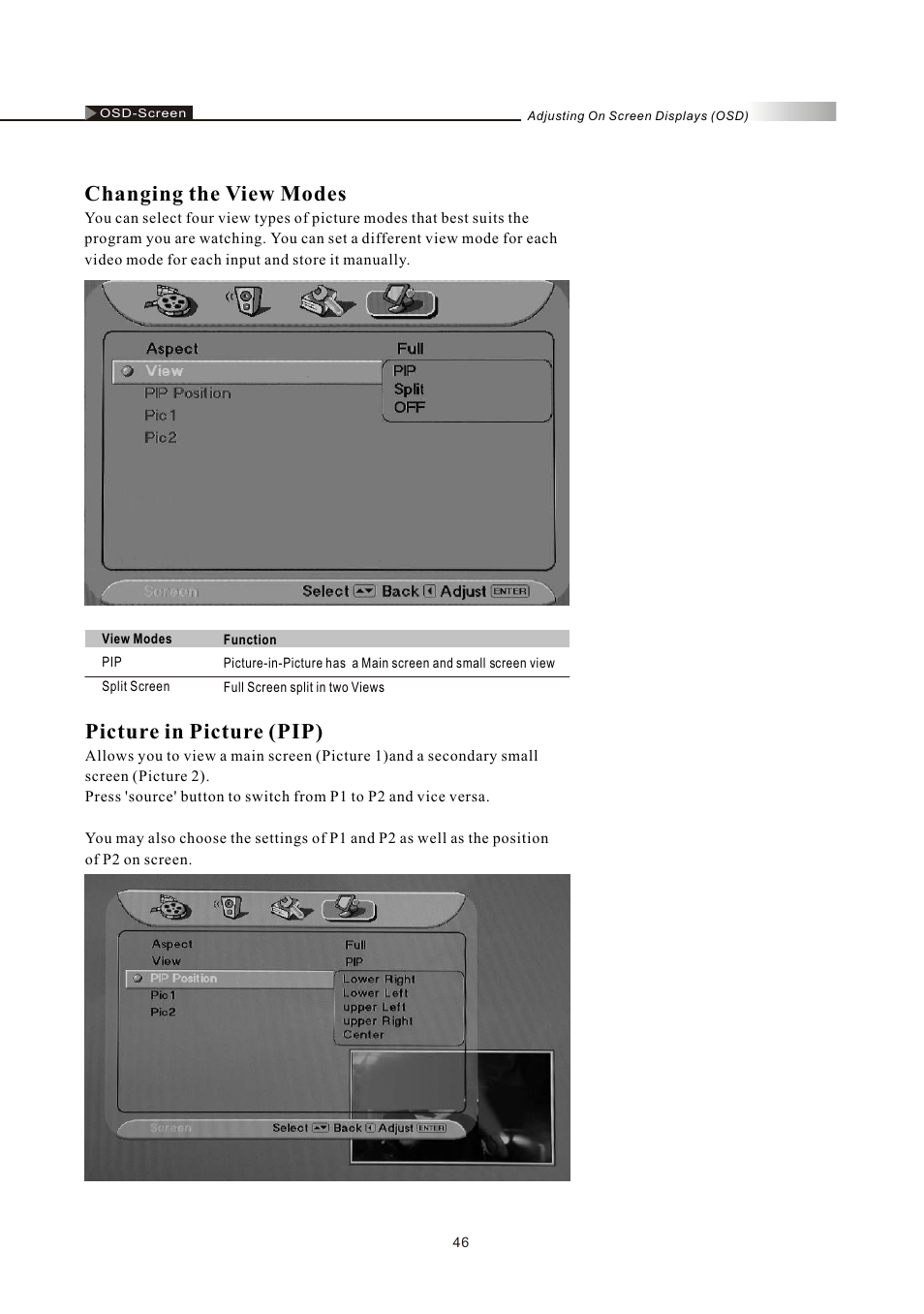 Changing the view modes, Picture in picture (pip) | Olevia LT32HVM Series User Manual | Page 48 / 61