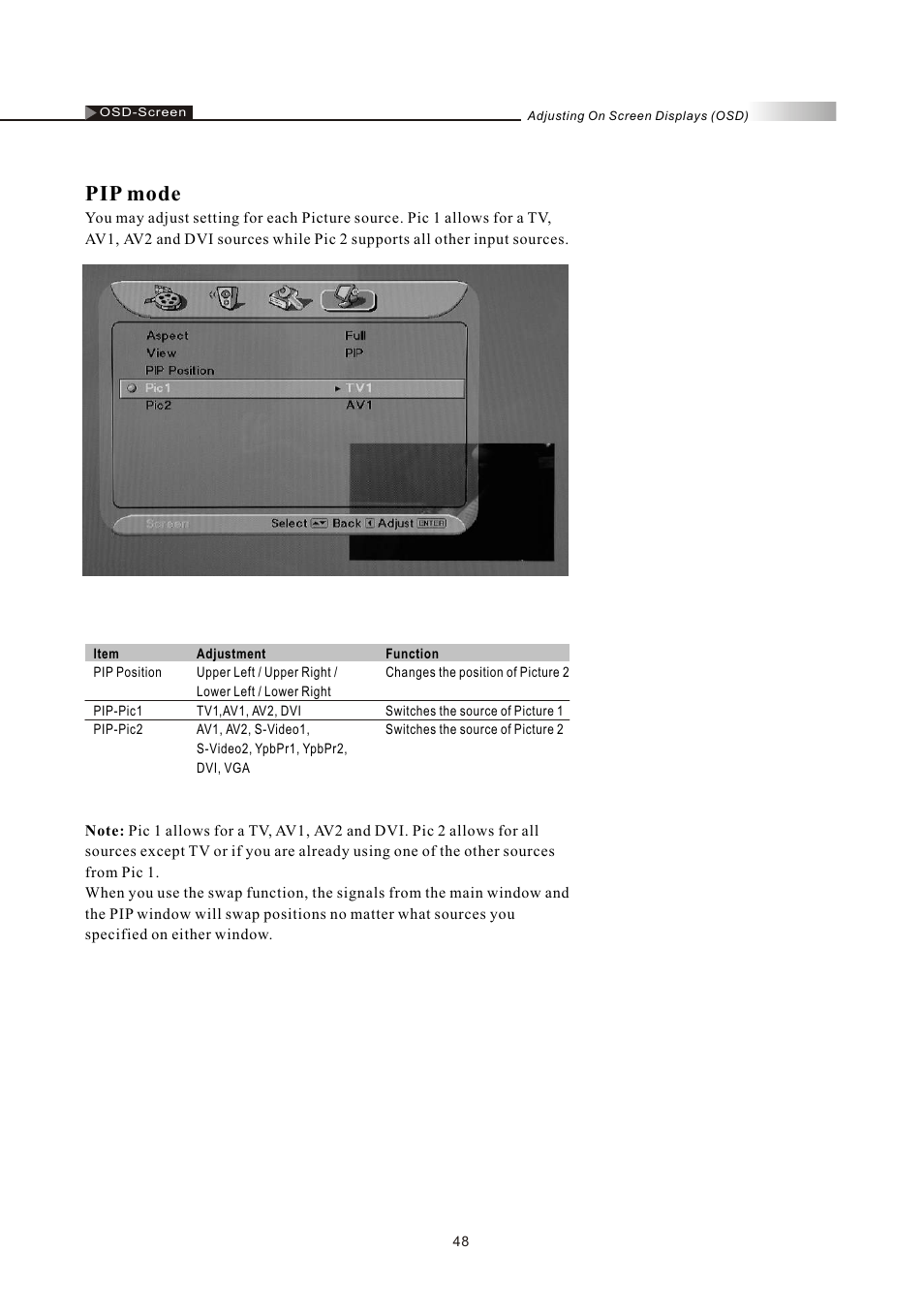 Pip mode | Olevia LT32HVM Series User Manual | Page 50 / 61