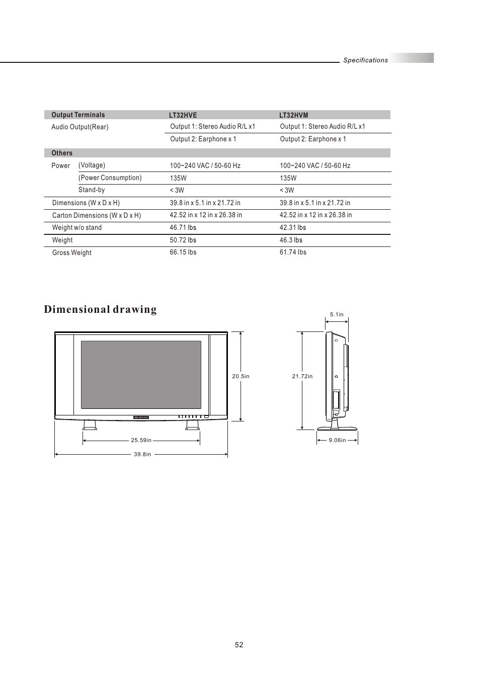 Dimensional drawing | Olevia LT32HVM Series User Manual | Page 54 / 61