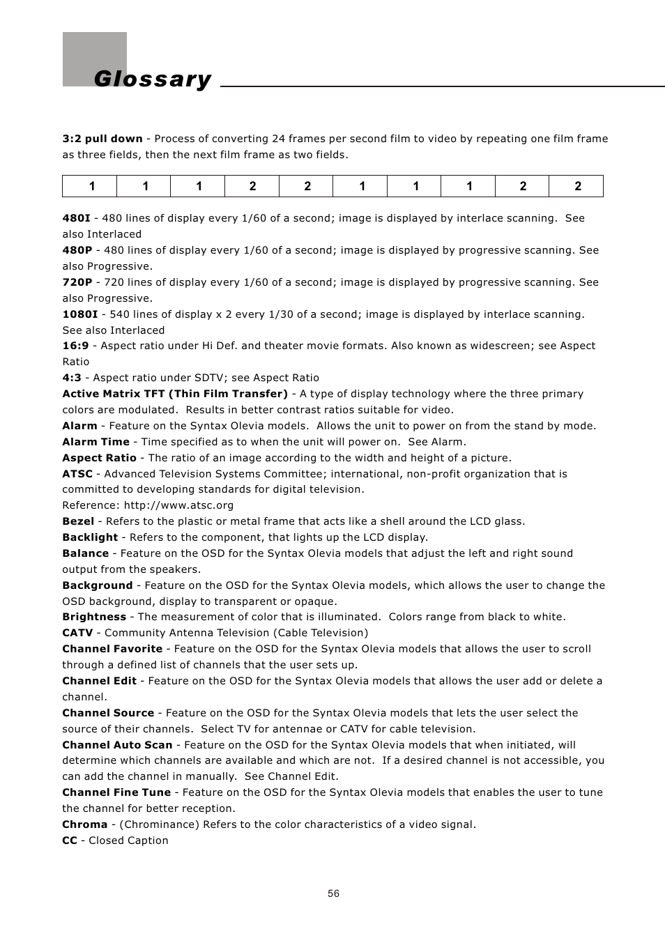 Glossary | Olevia LT32HVM Series User Manual | Page 58 / 61