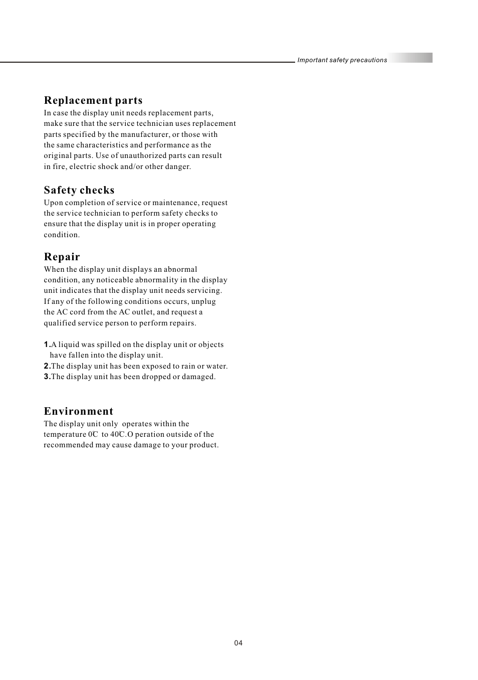 Safety checks, Environment, Replacement parts | Repair | Olevia LT32HVM Series User Manual | Page 6 / 61