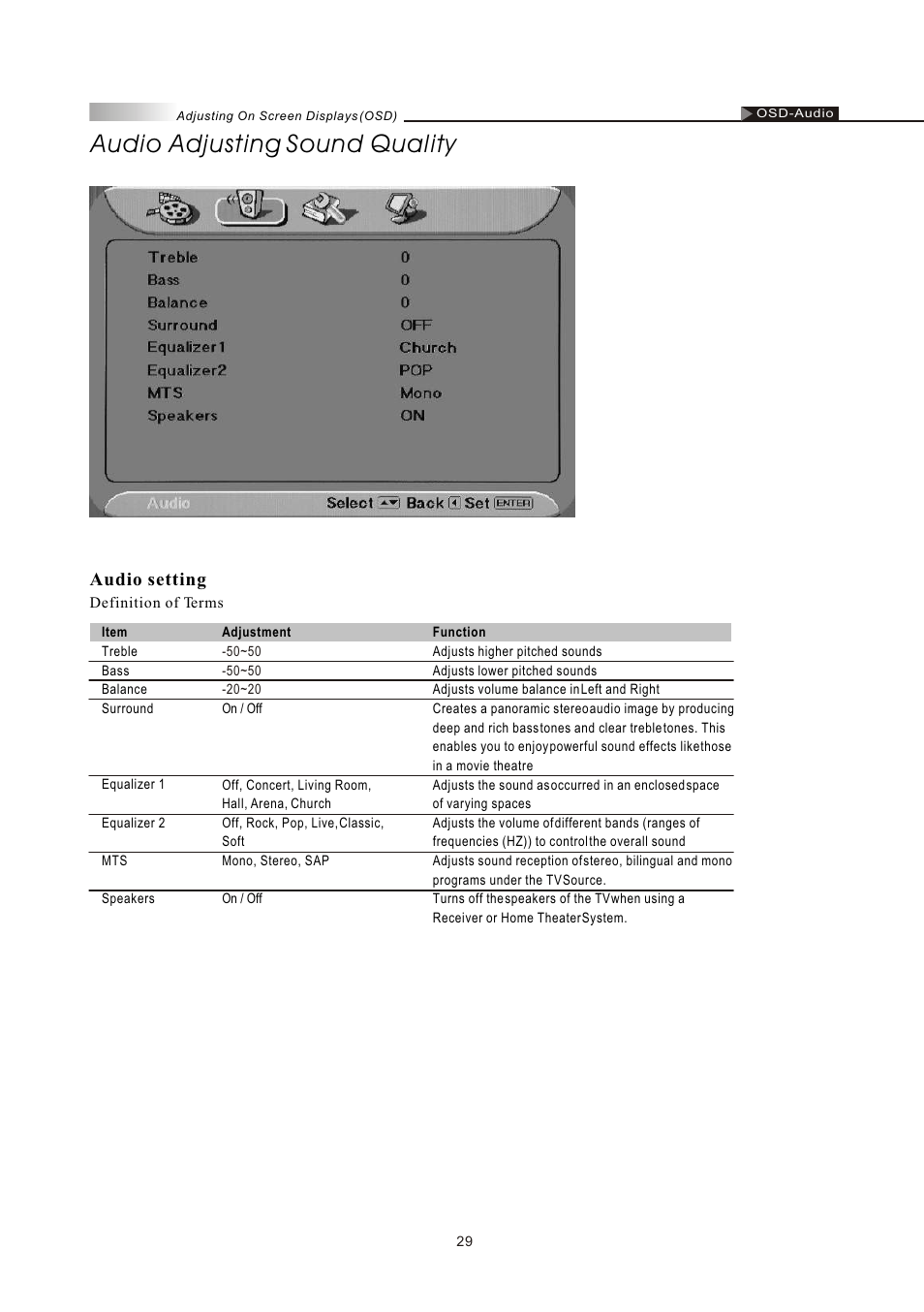 Audio adjusting sound quality, Audio setting | Olevia LT26HVE Series User Manual | Page 31 / 61