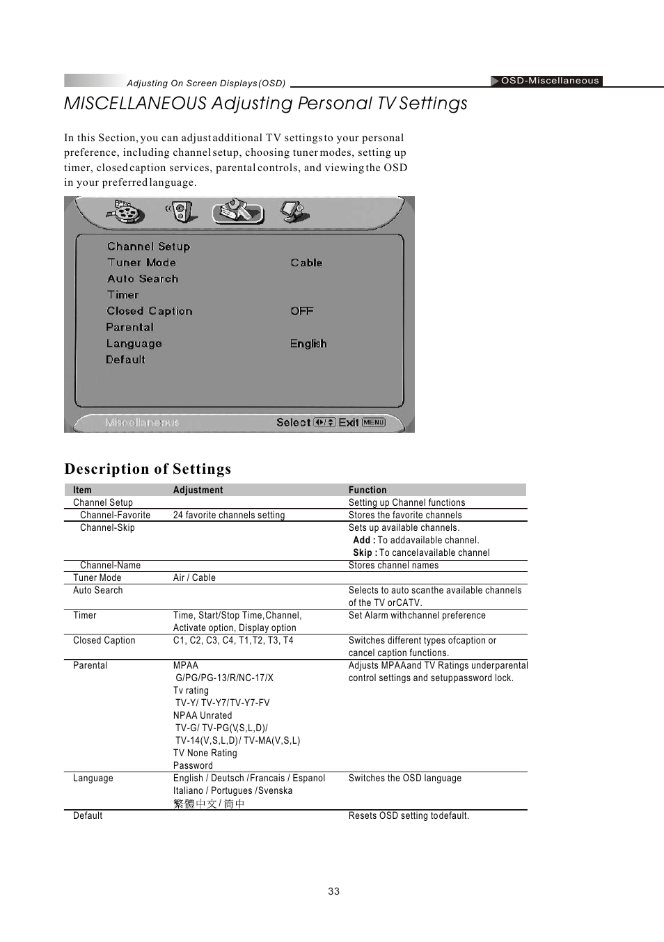 Miscellaneous adjusting personal tv settings, Description of settings | Olevia LT26HVE Series User Manual | Page 35 / 61