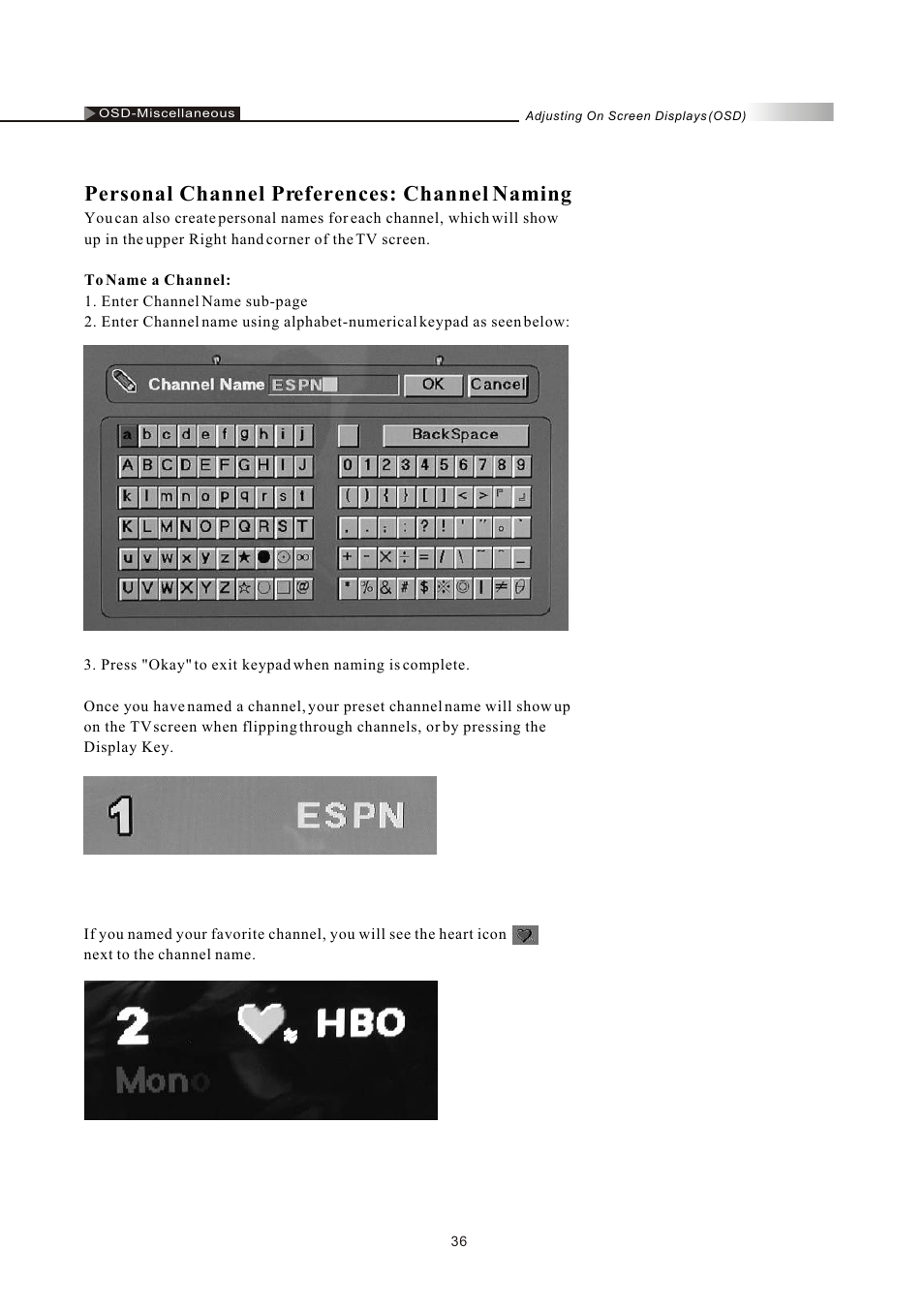 Personal channel preferences: channel naming | Olevia LT26HVE Series User Manual | Page 38 / 61