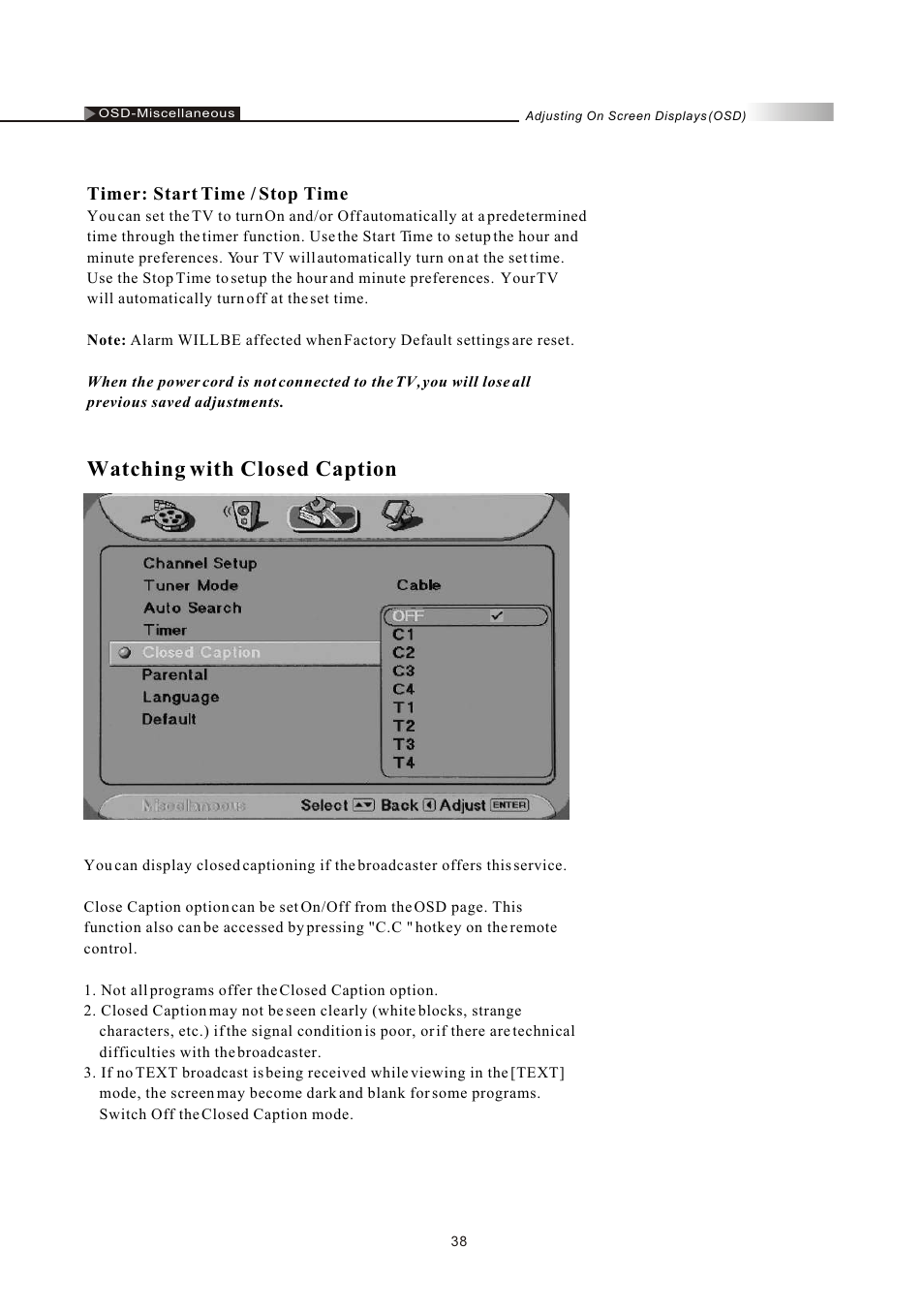 Watching with closed caption | Olevia LT26HVE Series User Manual | Page 40 / 61