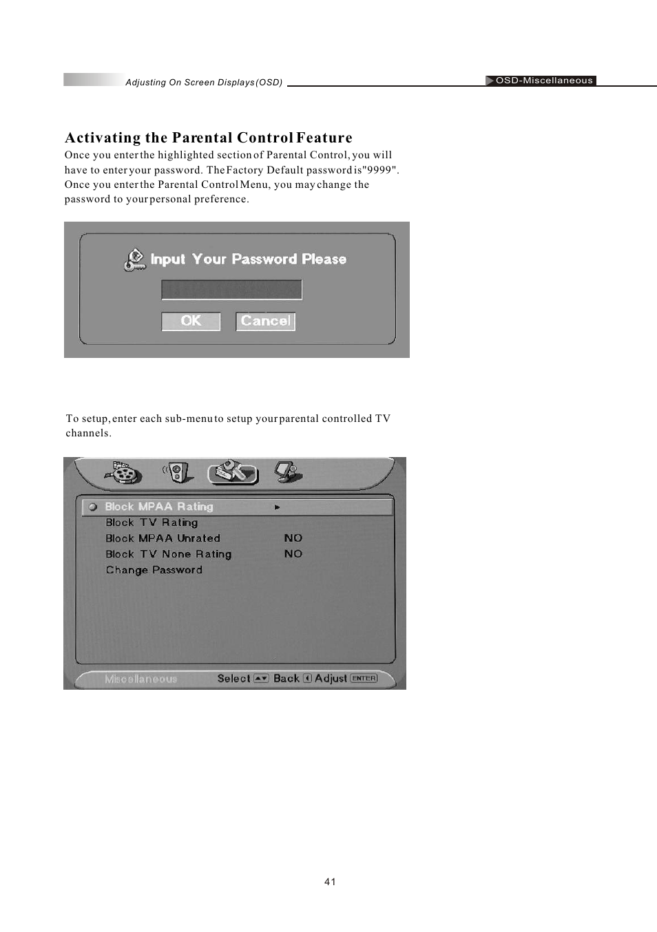 Activating the parental control feature | Olevia LT26HVE Series User Manual | Page 43 / 61