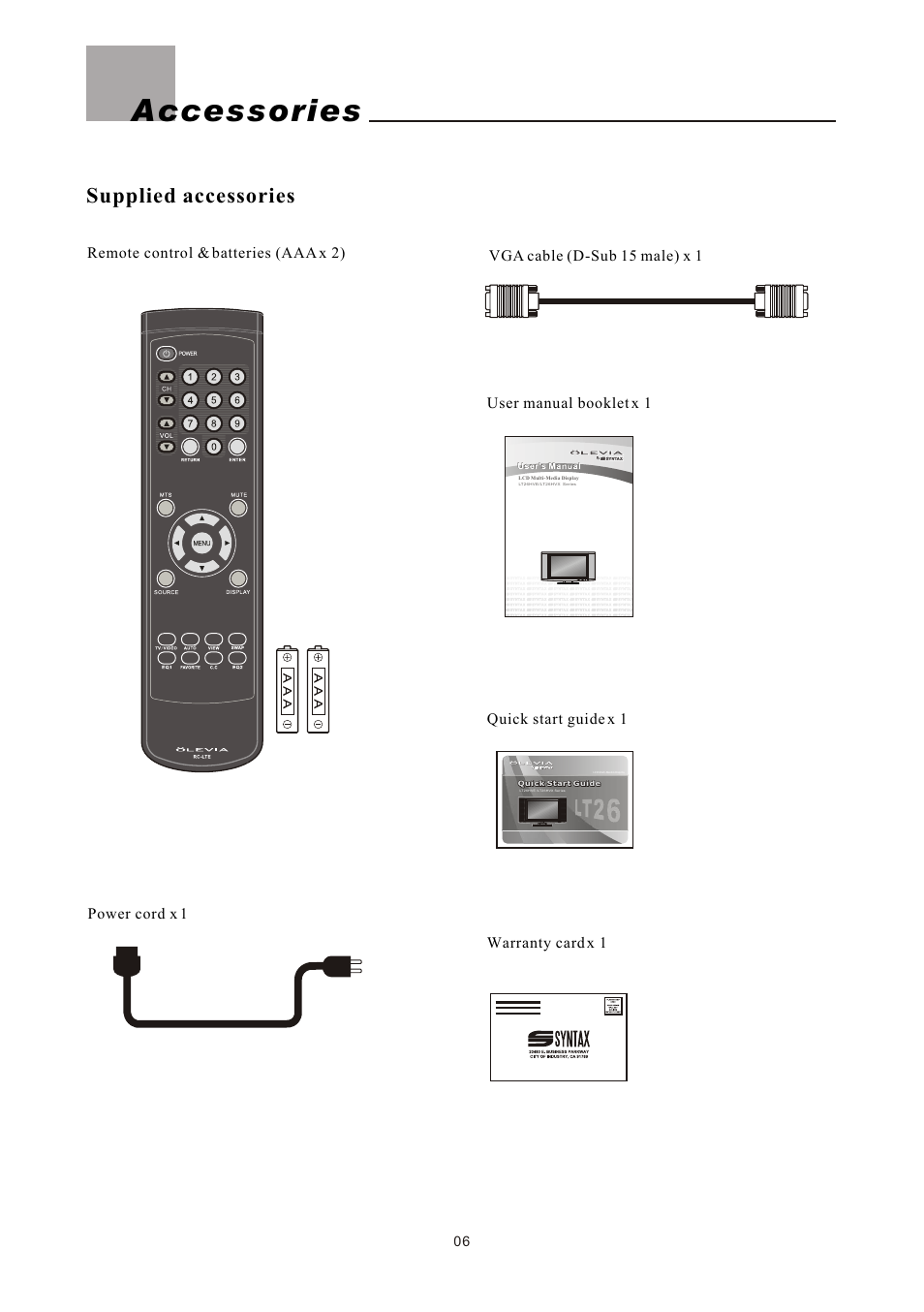 Accessories, Supplied accessories | Olevia LT26HVE Series User Manual | Page 8 / 61